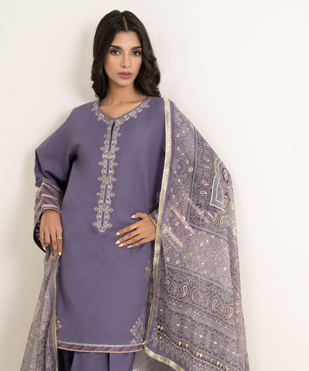 Women's Unstitched Textured Lawn Embroidered Purple 3 Piece Suit