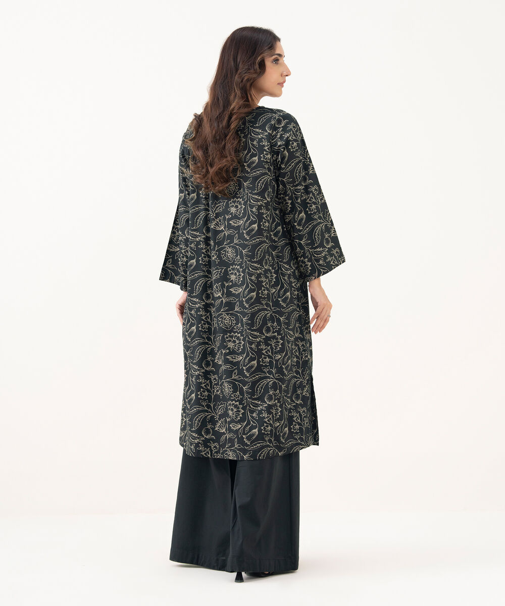 Women's RTW Cotton Viscose Printed A-Line Black Shirt