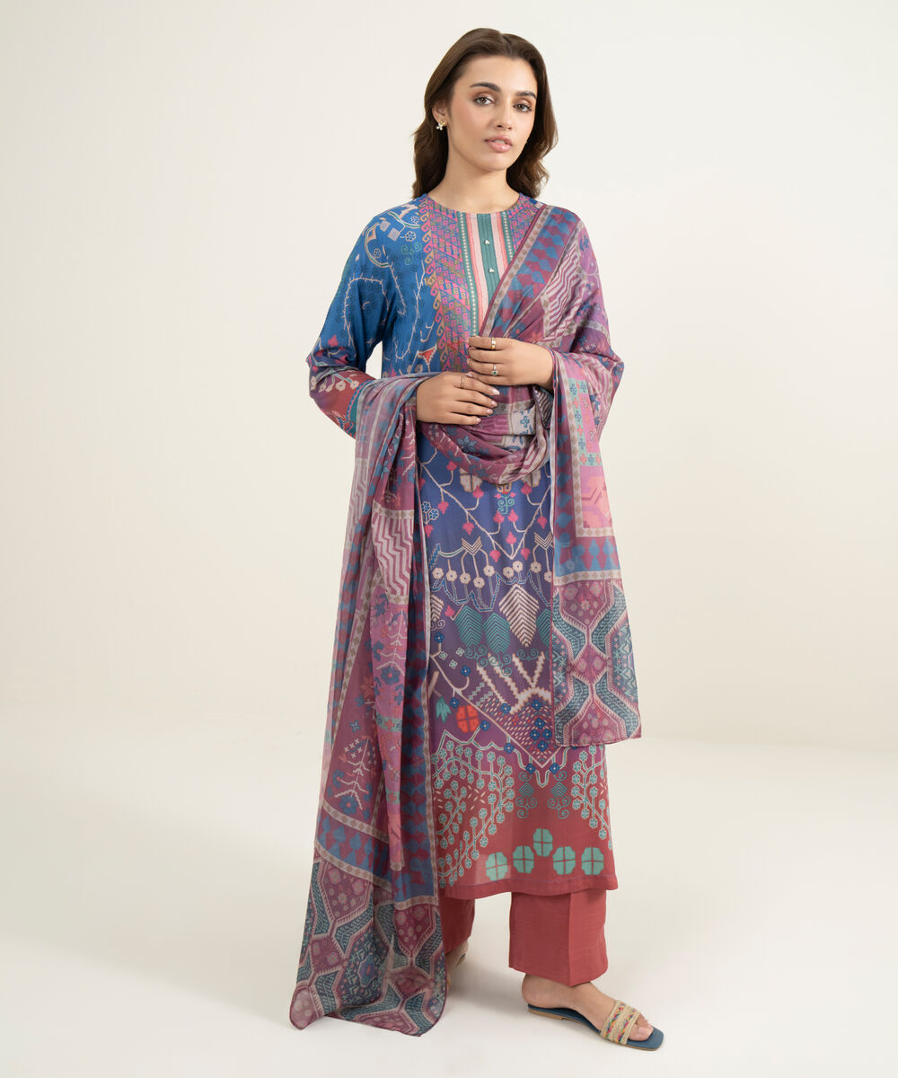 Women's RTW Viscose Raw Silk Printed Peach 3 Piece Suit