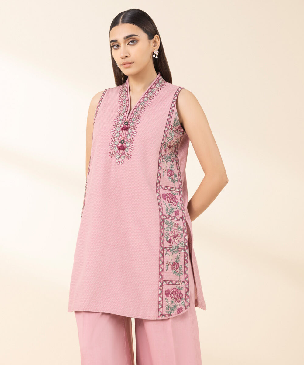 Unstitched Women's Pink Dobby Embroidered Shirt Trousers