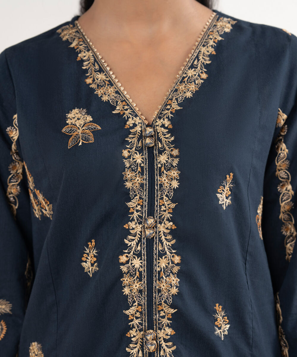 Women's RTW Cotton Viscose Embroidered Blue A-Line Shirt