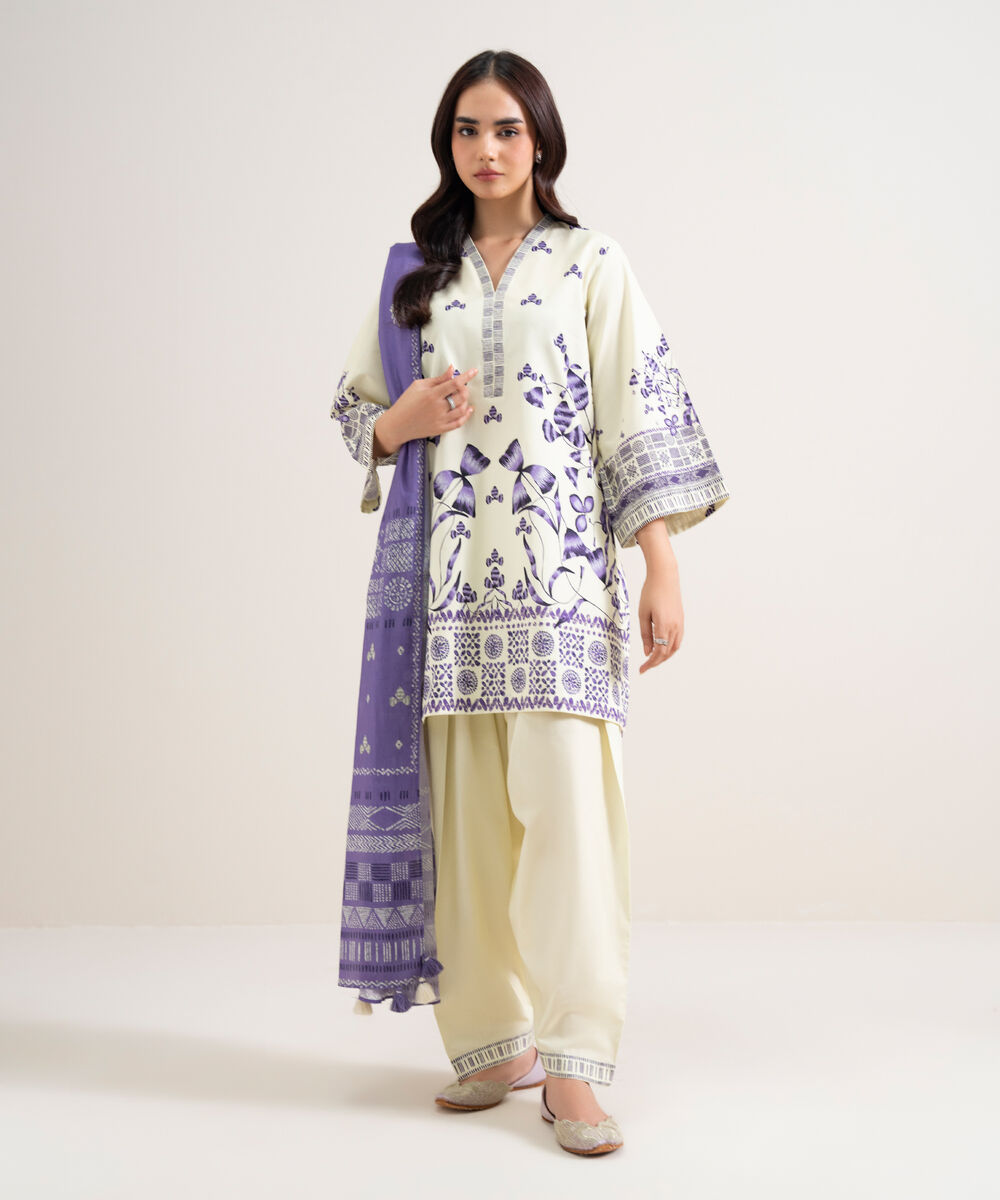 Women's Unstitched Cotton Printed Off White  3 Piece Suit