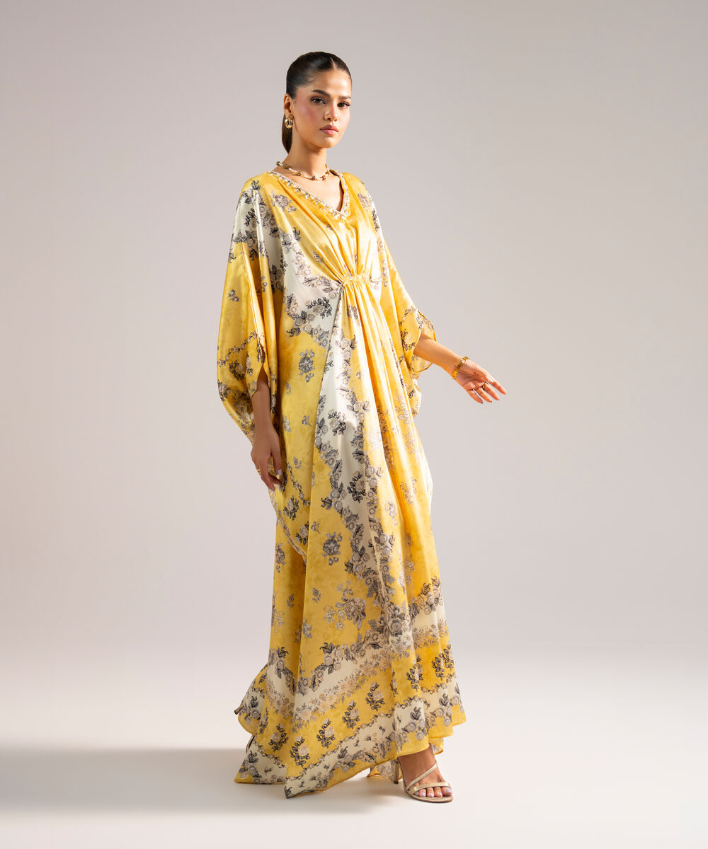 Women's RTW Blended Satin Printed Yellow Kaftan