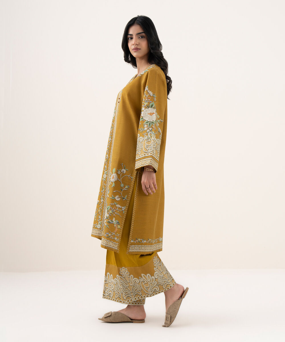 Women's RTW Khaddar Printed A-Line Mustard Shirt