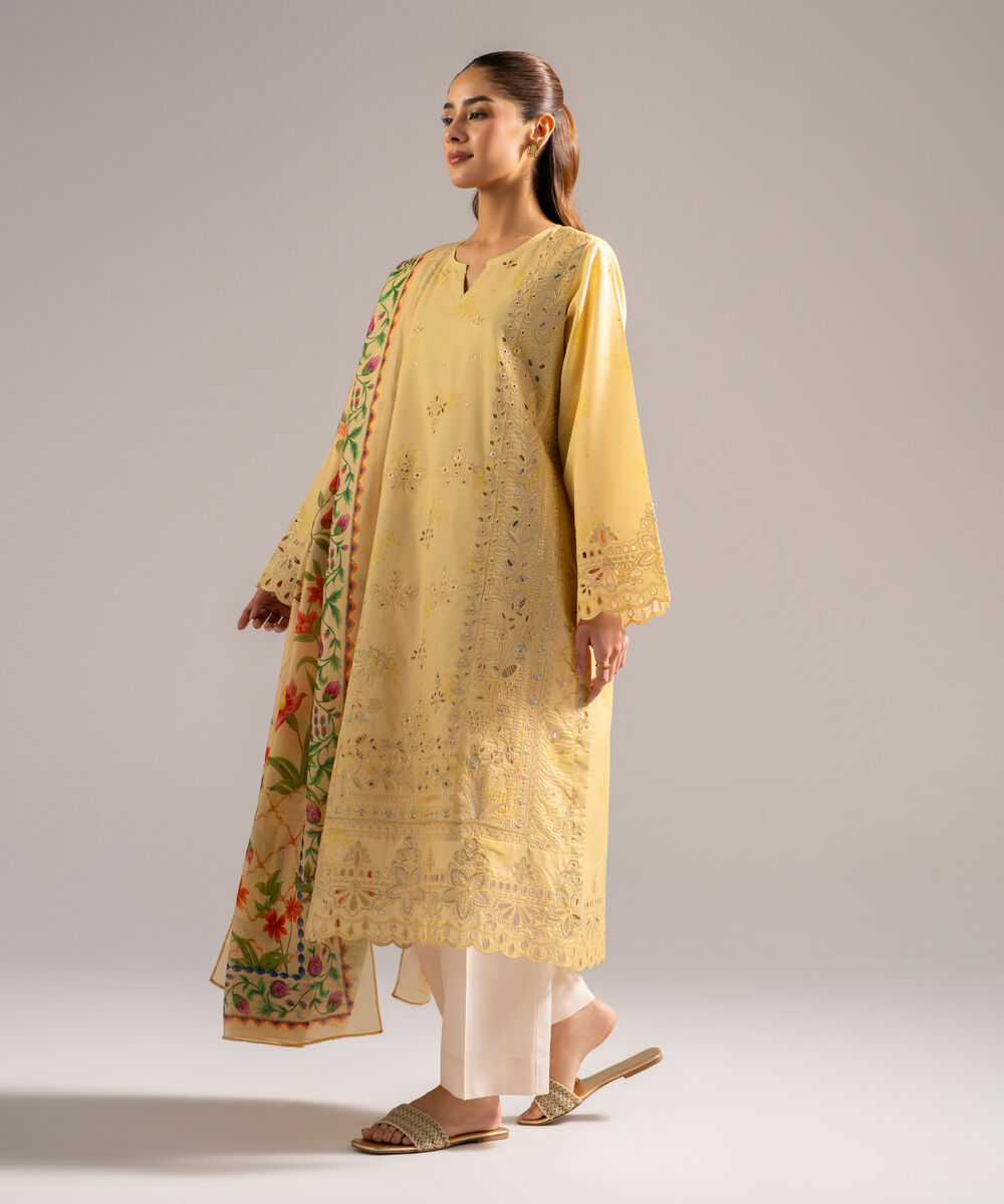 Women's RTW Zari Lawn Embroidered Pale Yellow 2 Piece Suit