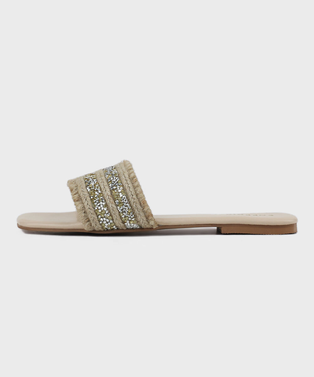 Woman - Beige Embellished Jute Flats