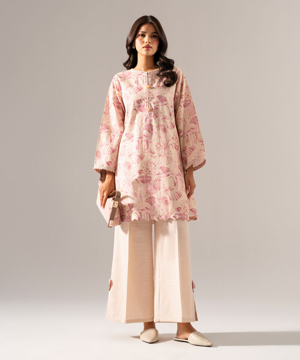 Women's RTW Khaddar Printed Beige Straight Shirt