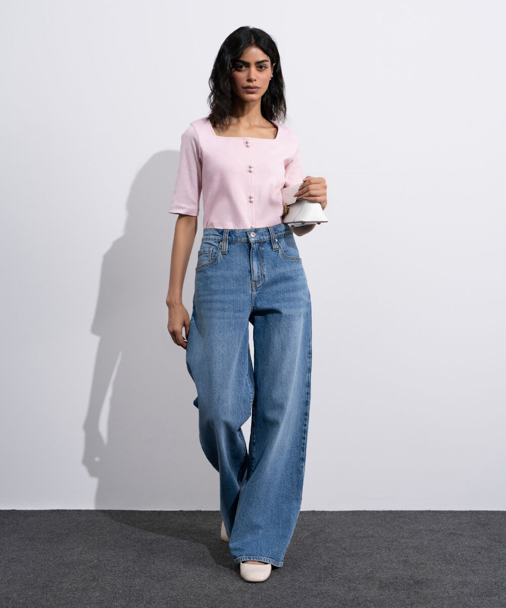 Women's Pink Square Neck Ribbed Top