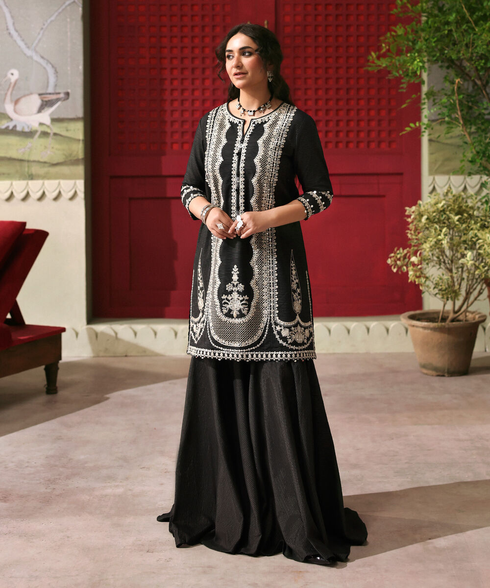 Women's Unstitched Cotton Embroidered Black 2 Piece Suit