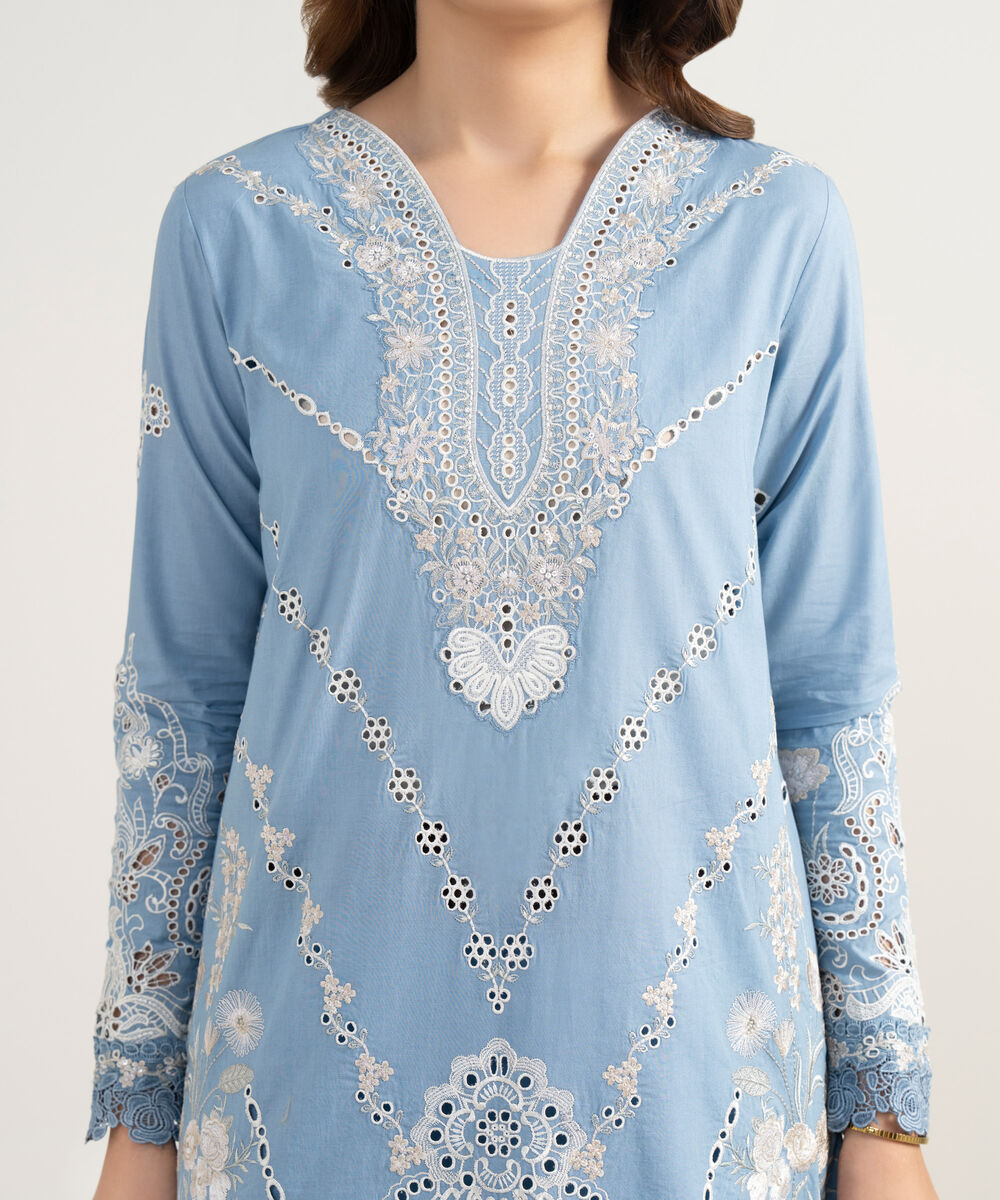 Women's Unstitched Lawn Embroidered Blue 3 Piece Suit