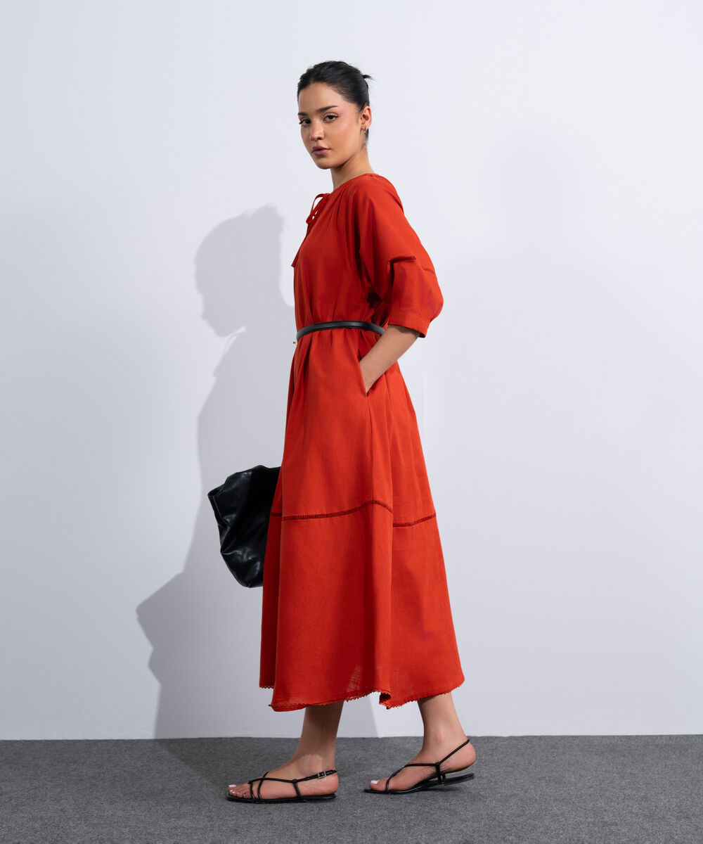 Women's Western Rust Orange Voluminous Maxi Dress