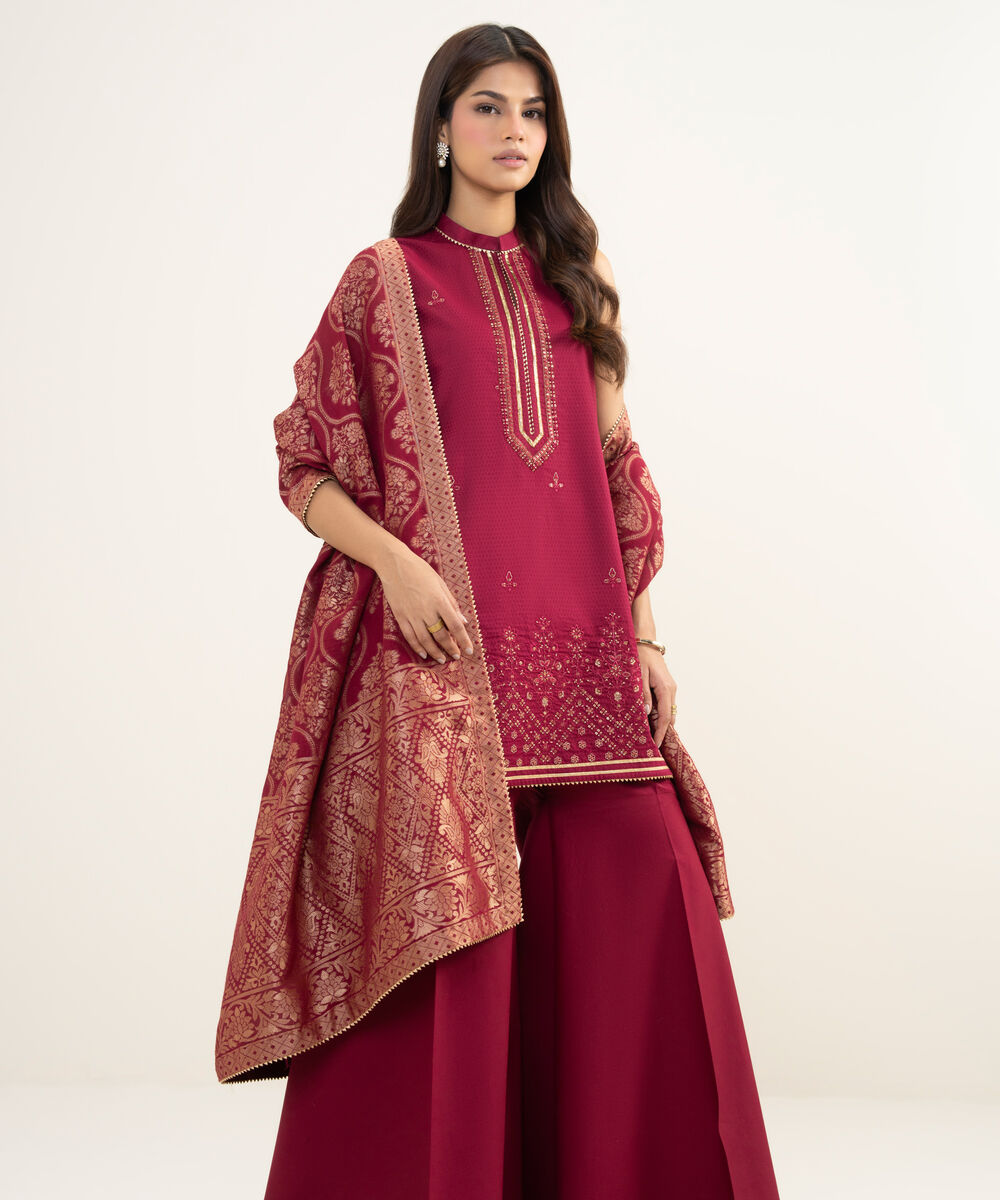 Women's Unstitched Dobby Embroidered Red 3 Piece Suit