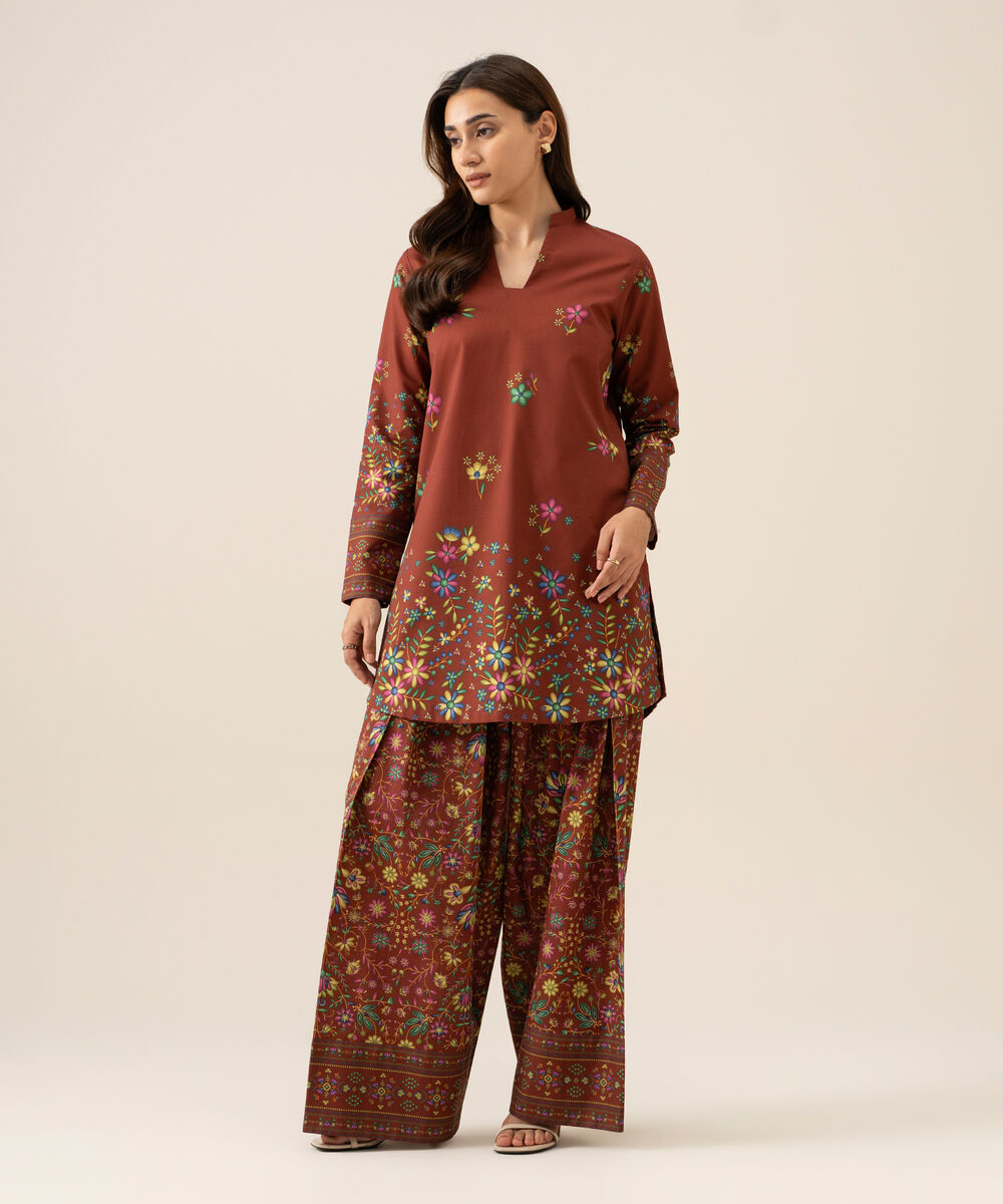 Women's Unstitched Cotton Printed Brown 2 Piece Suit