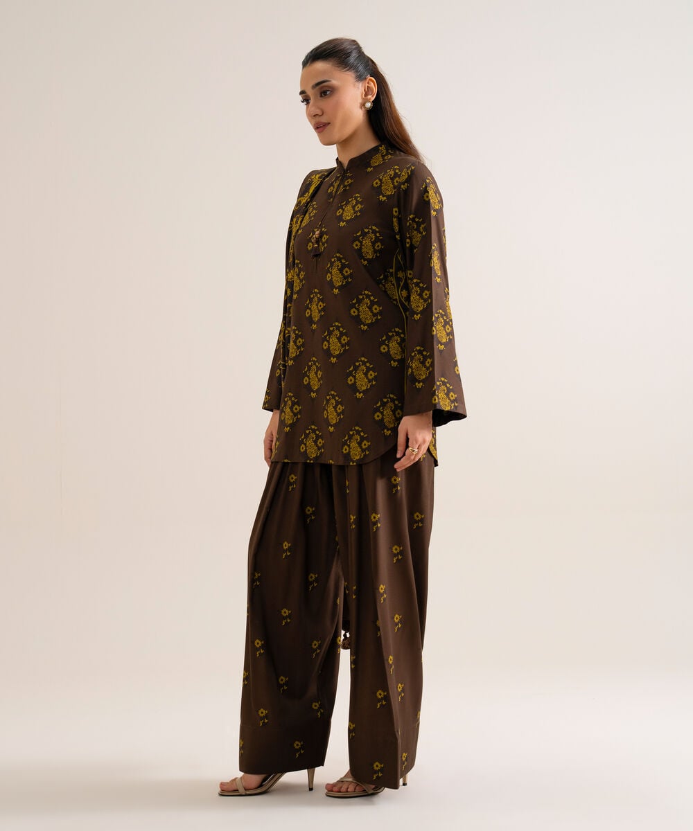 Women's Unstitched Viscose Linen Printed Brown 3 Piece Suit