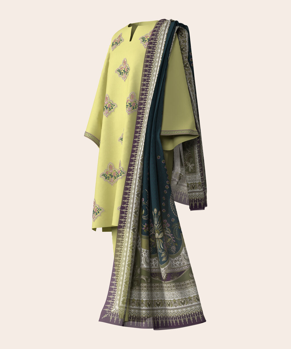 Women's Unstitched Lawn Light Yellow  Embroidered 3 Piece Suit
