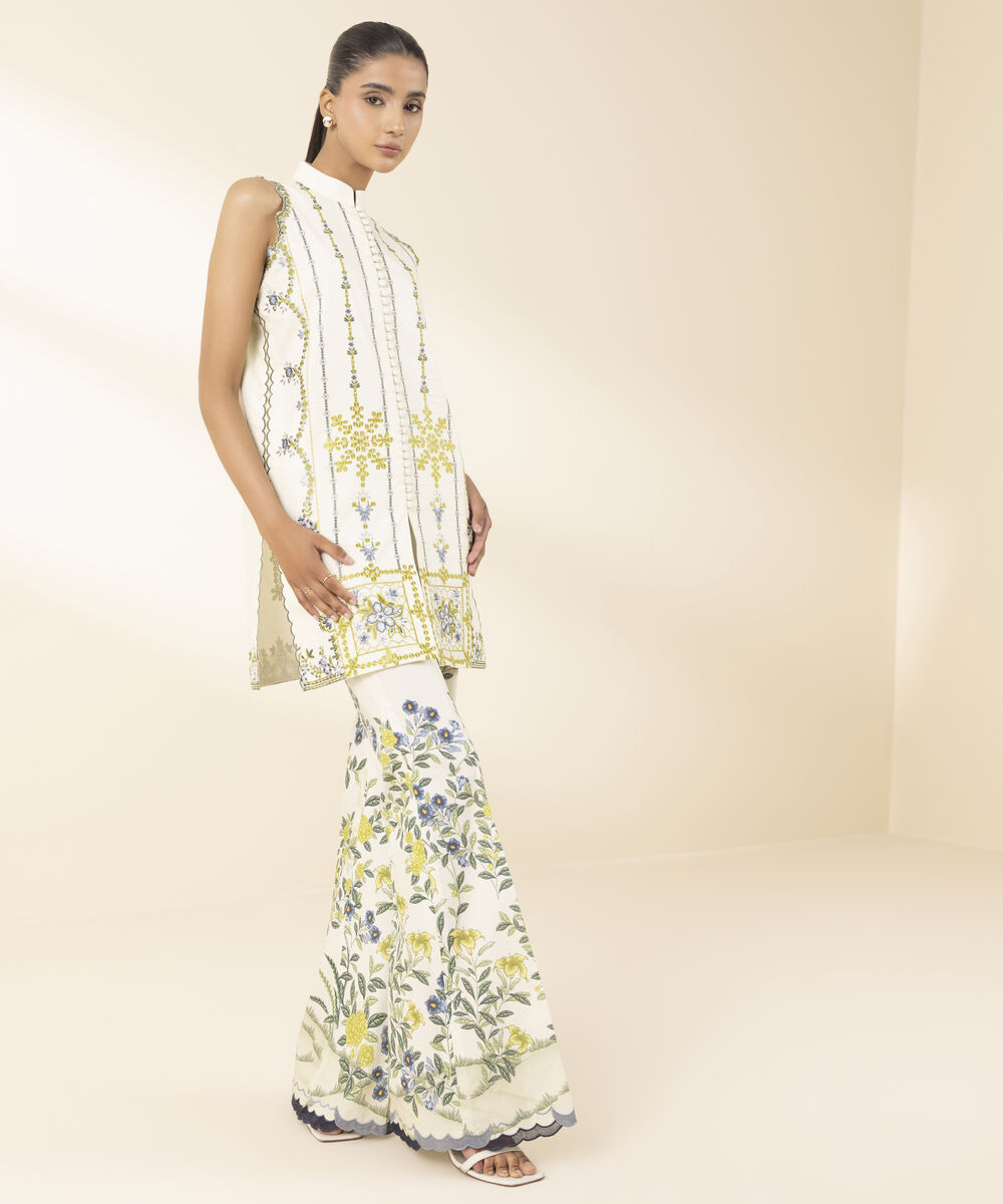 Unstitched Women's Off White Textured Lawn Shirt Trousers