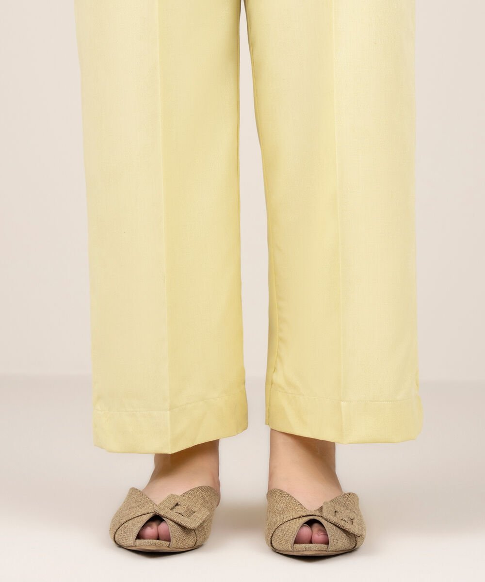 Women's RTW Self Jacquard Leno Solid Pale Yellow Straight Pants