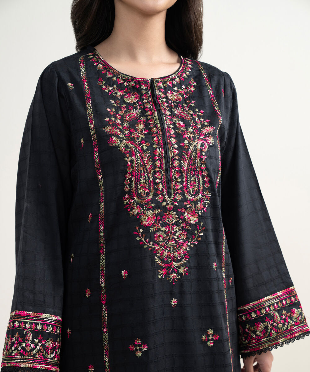 Women's RTW Dobby Embroidered Black 3 Piece Suit