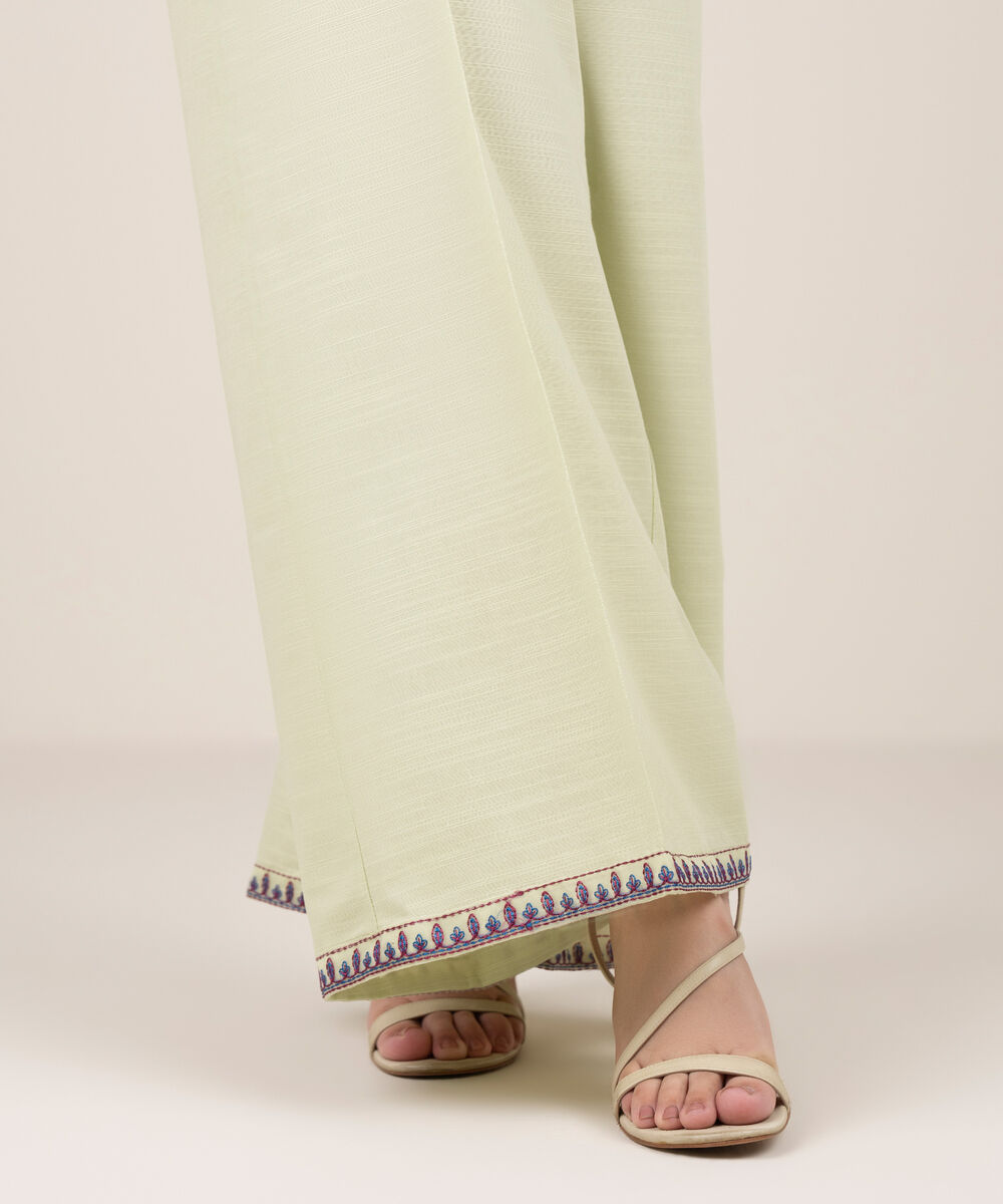 Women's RTW Cotton Embroidered Mint Green Flared Pants