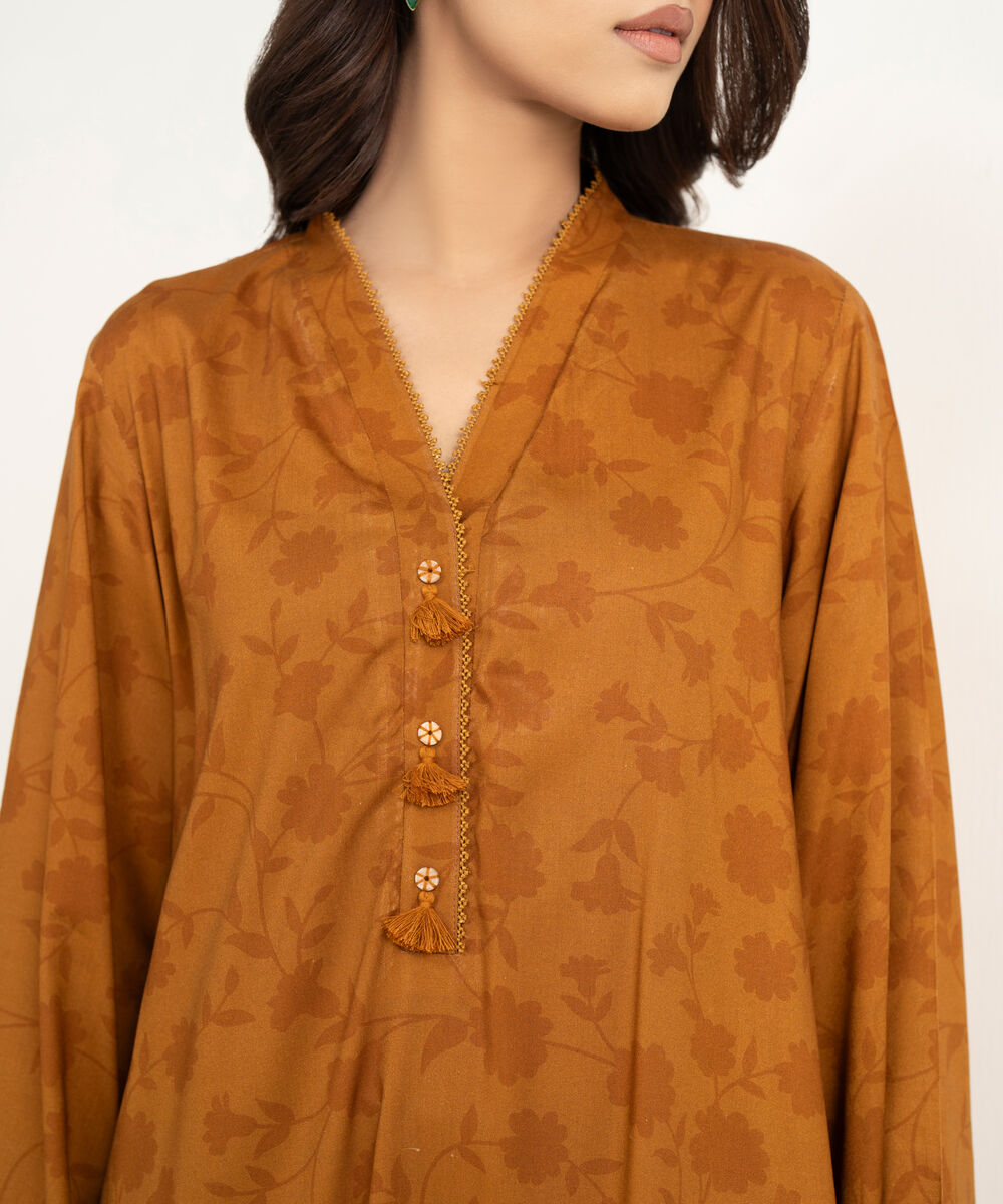Women's RTW Arabic Lawn Printed Mustard Brown Straight Shirt