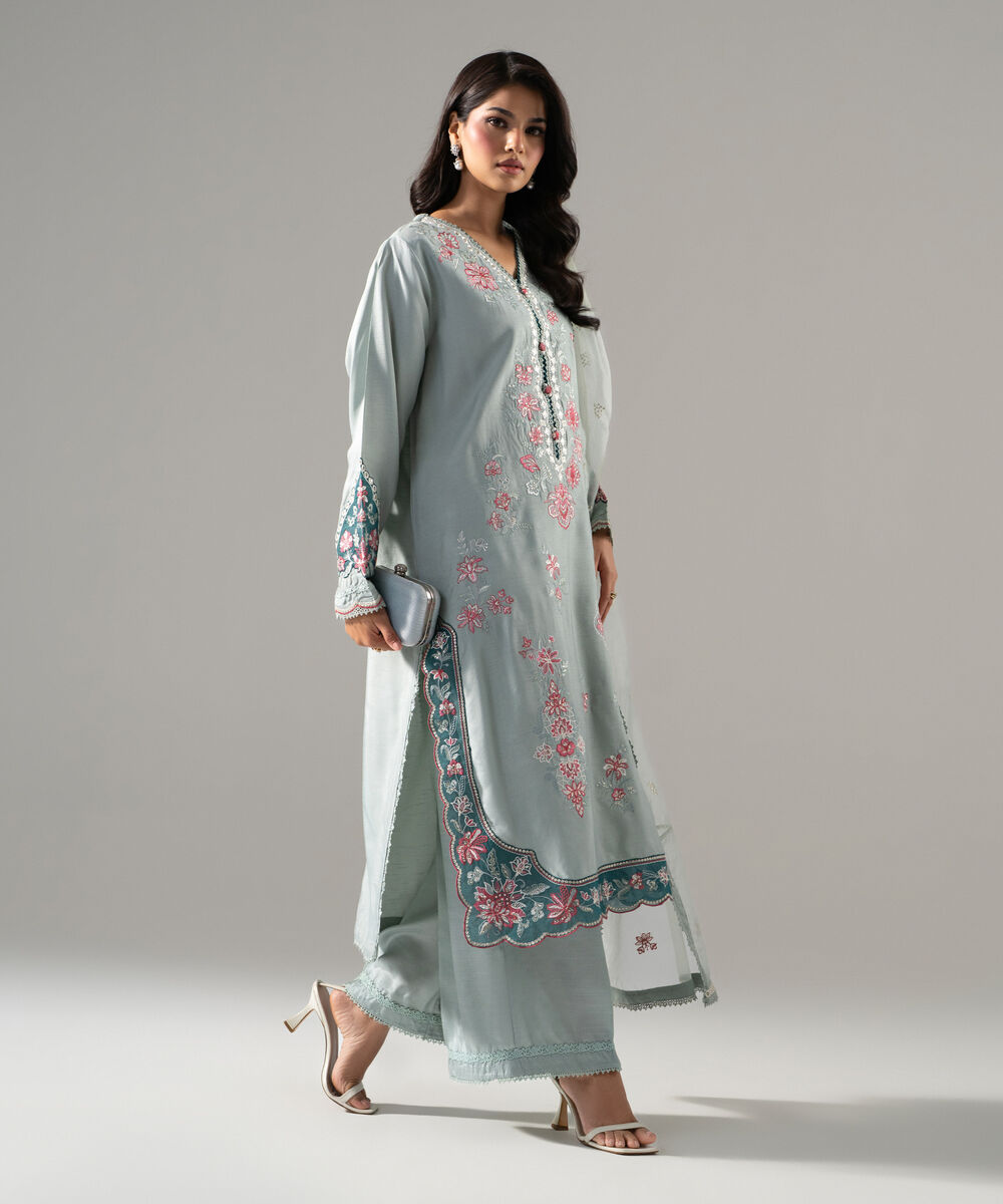 Women's RTW Raw Silk Solid Embroidered Seaform Green 3 Piece Suit