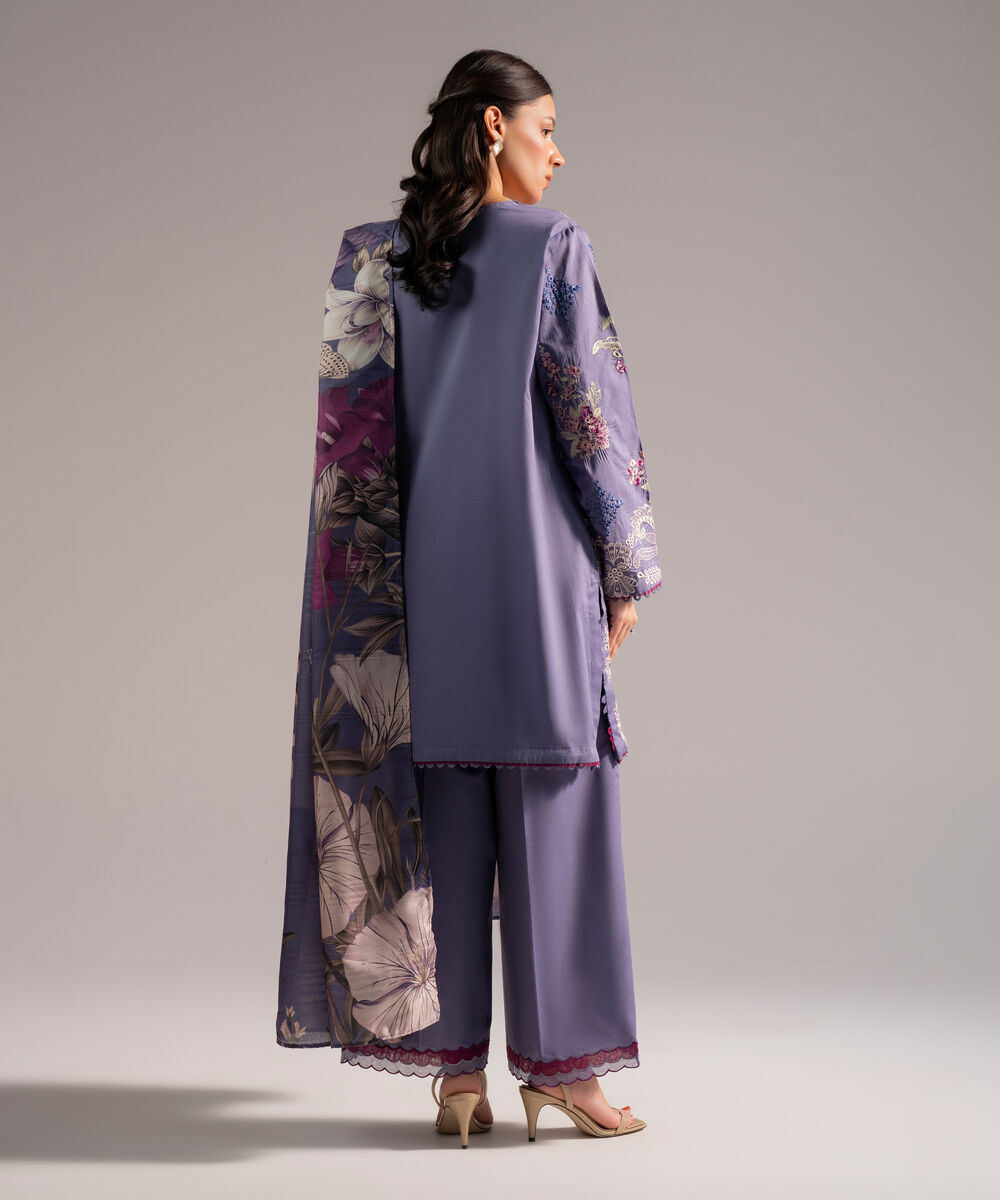 Women's RTW Slub Lawn Embroidered Steel Blue 3 Piece Suit