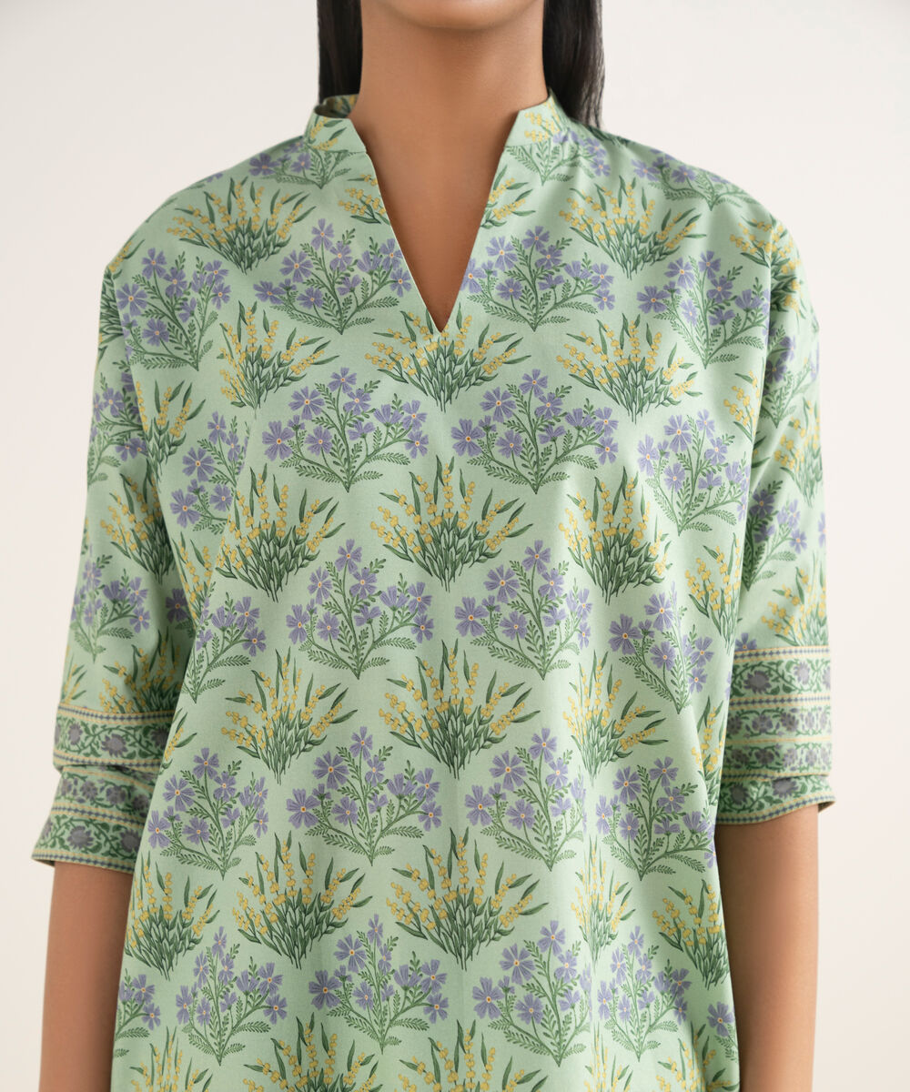 Women's Unstitched Cotton Printed Green 3 Piece Suit