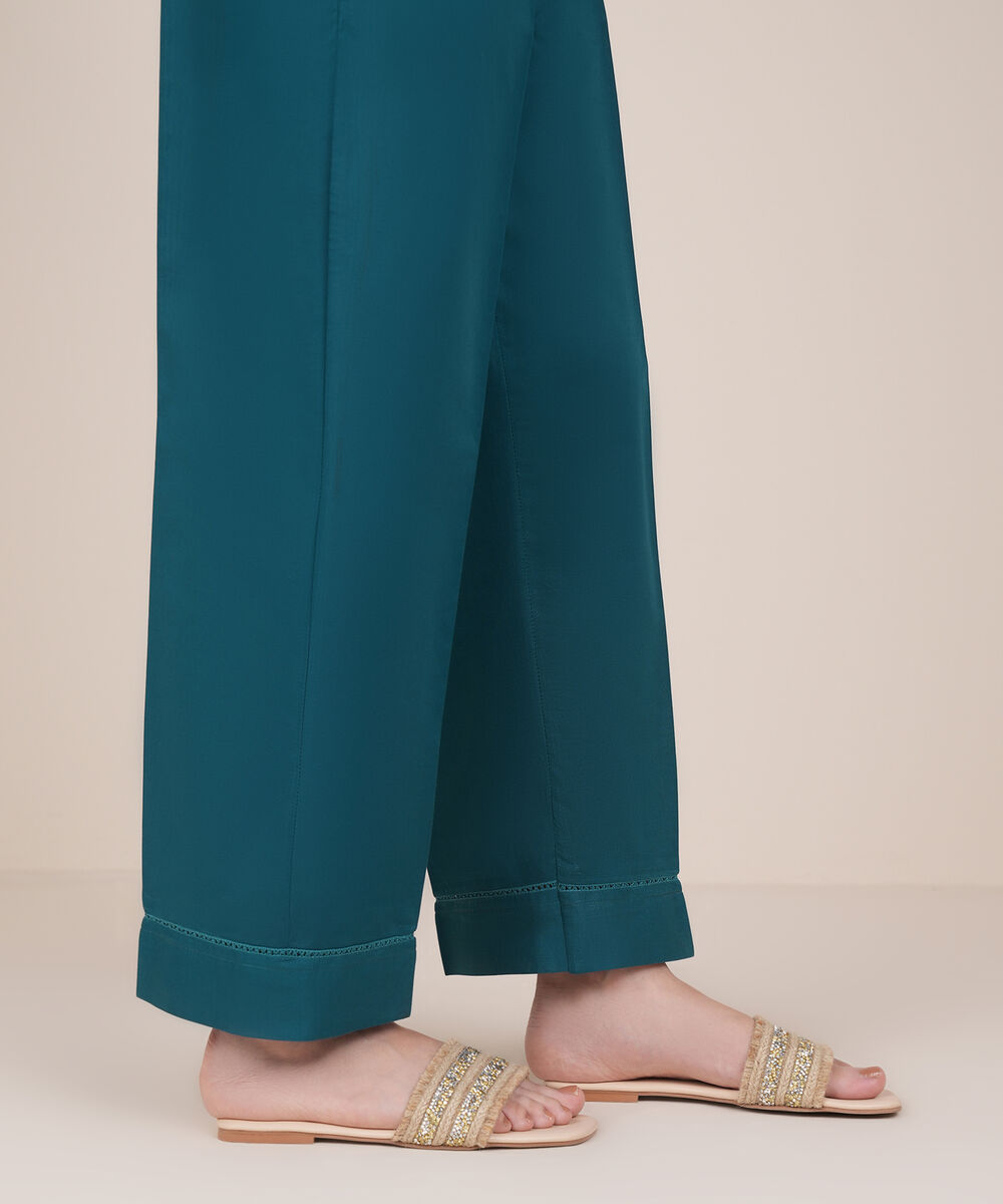 Women's RTW Cambric Blue Solid Straight Pants