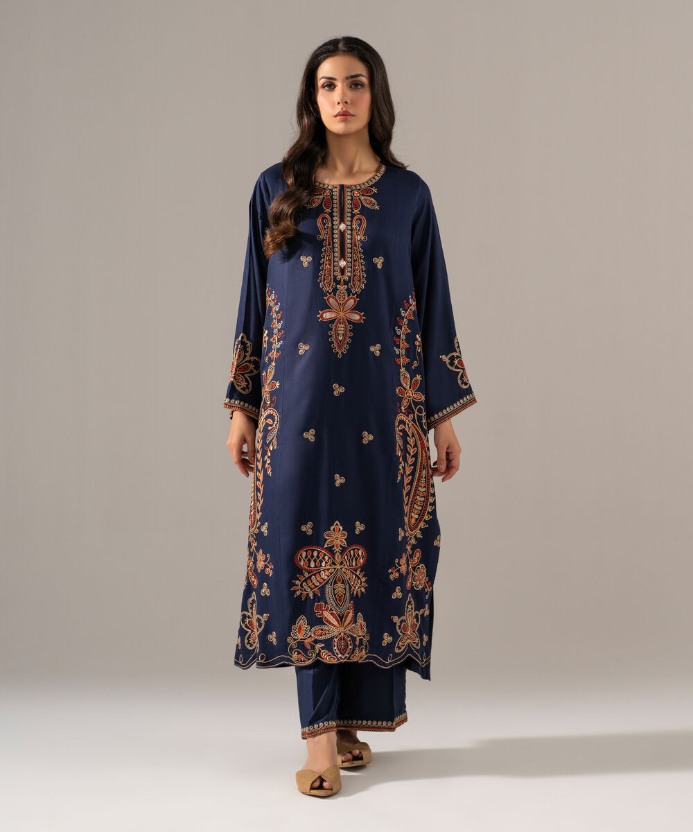 Women's RTW Bedford Solid Embroidered Dark Blue Straight Shirt