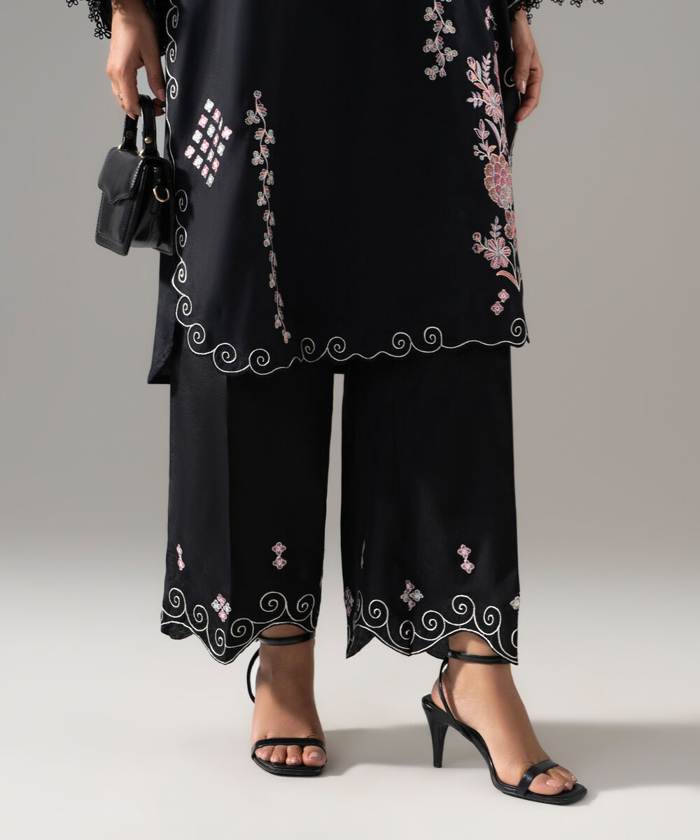 Women's RTW Viscose Raw Silk Solid Embroidered Black 2 Piece Suit