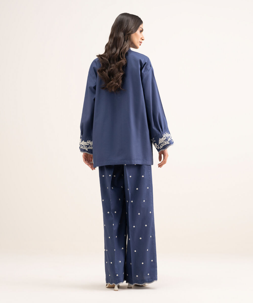 Women's RTW Dobby Embroidered Blue Drop Shoulder Shirt