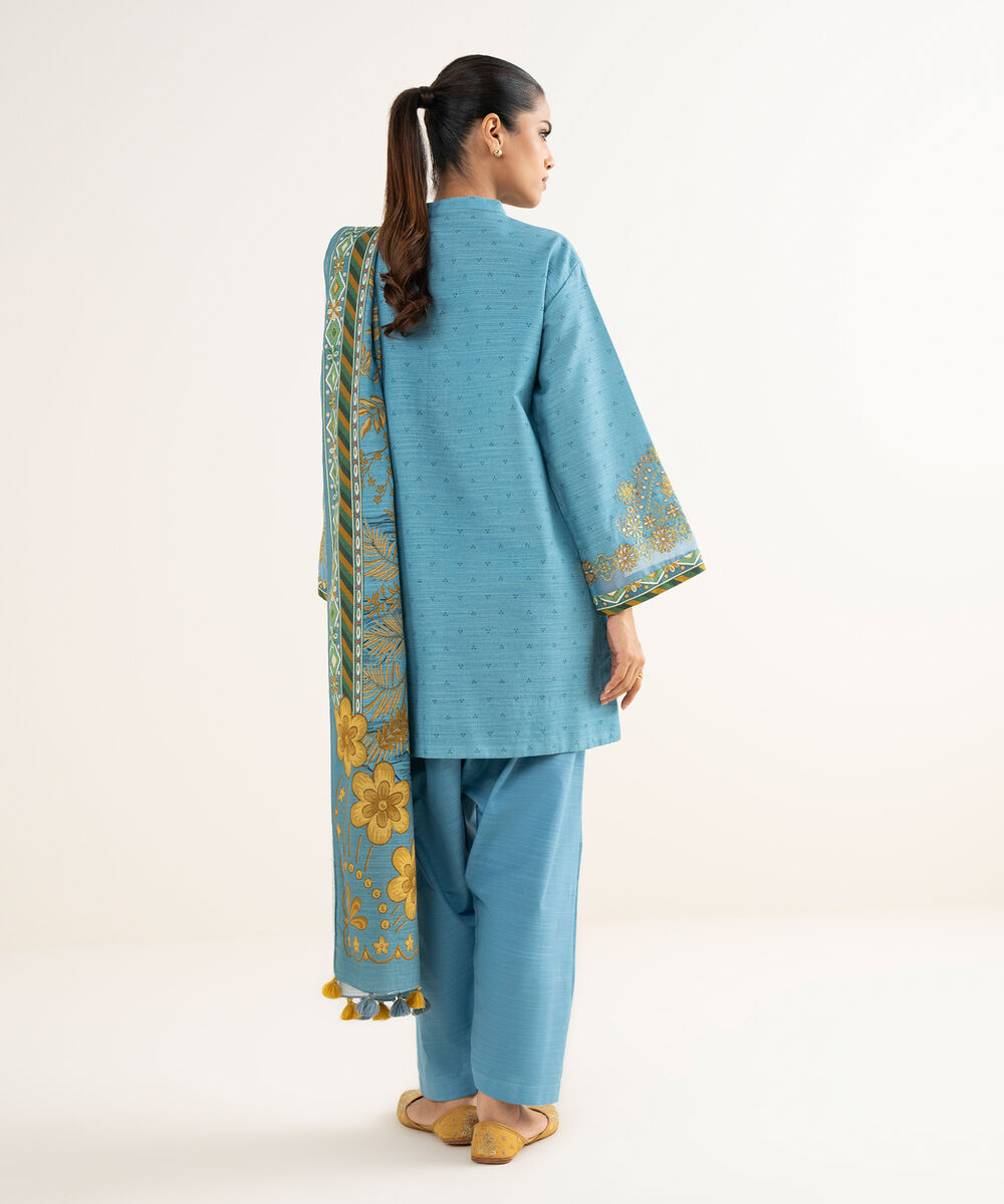 Women's Unstitched Light Khaddar Embroidered Blue 3 Piece Suit