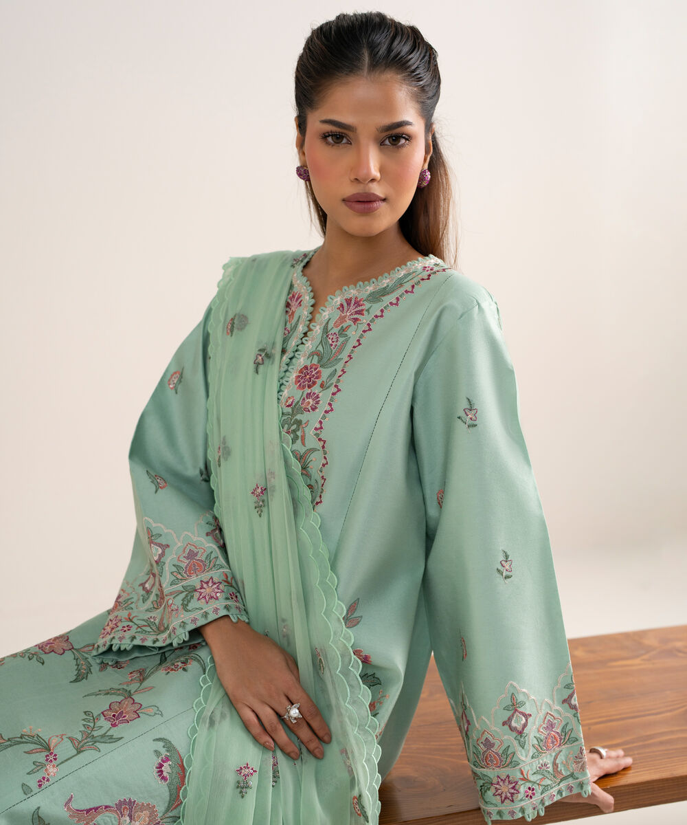 Women's Unstitched Cotton Net Embroidered Green 3 Piece Suit