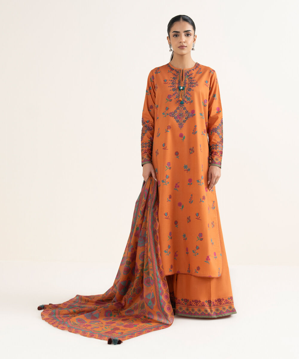 Women's Unstitched Cotton Embroidered Orange 3 Piece Suit