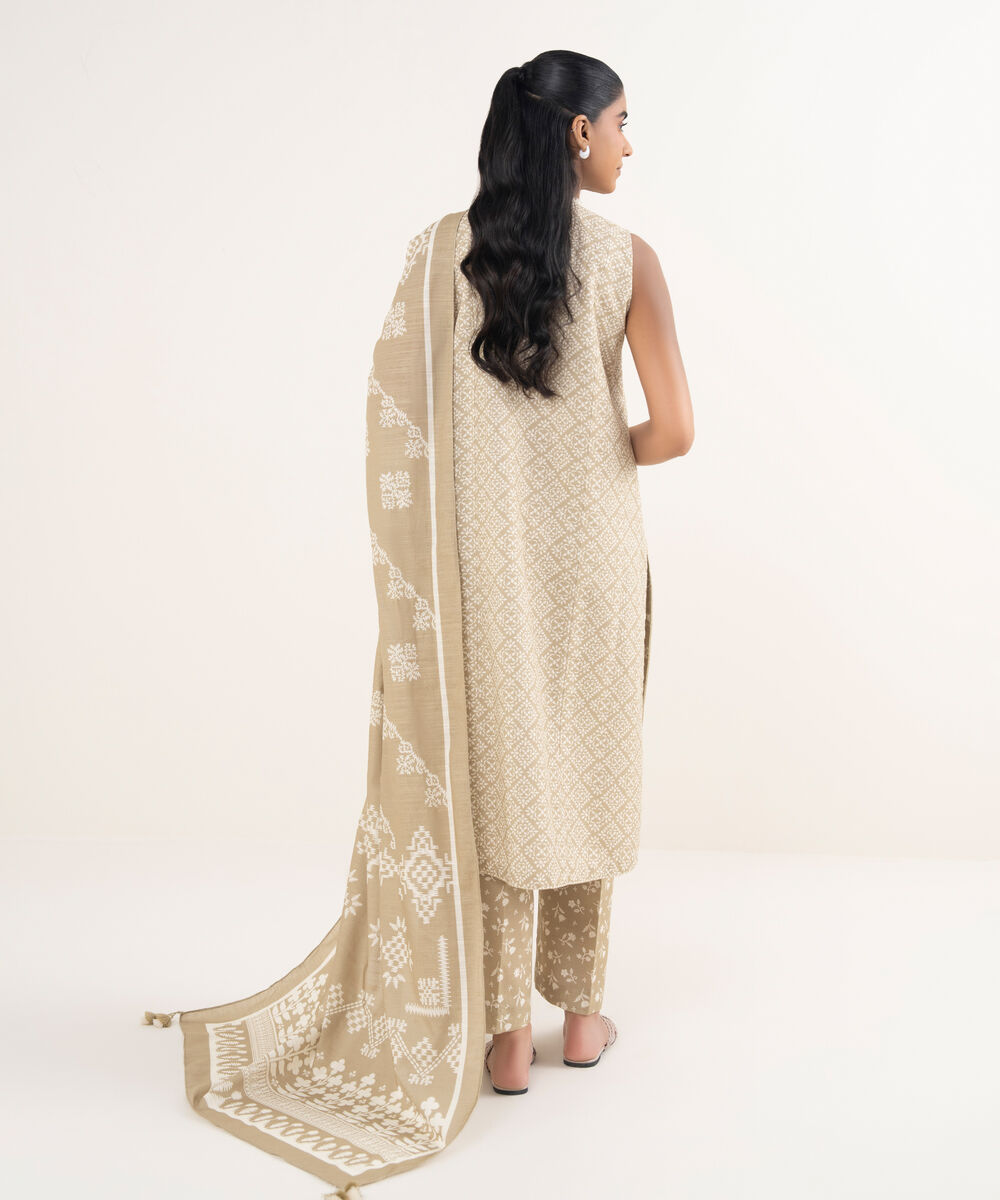 Women's Unstitched Light Khaddar Printed Beige 3 Piece Suit