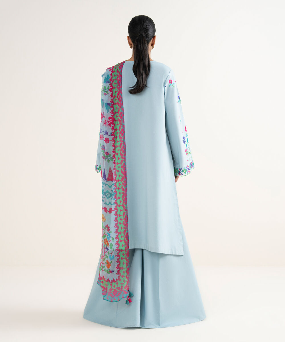 Women's Unstitched Cotton Viscose Embroidered Blue 3 Piece Suit