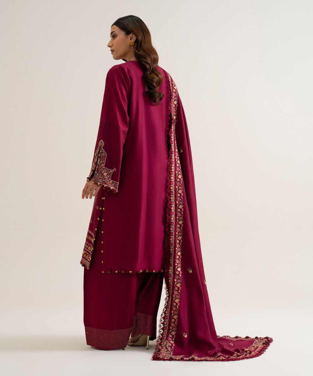 Womens Unstitched Cotton Twill Embroidered Pink 3 Piece Suit