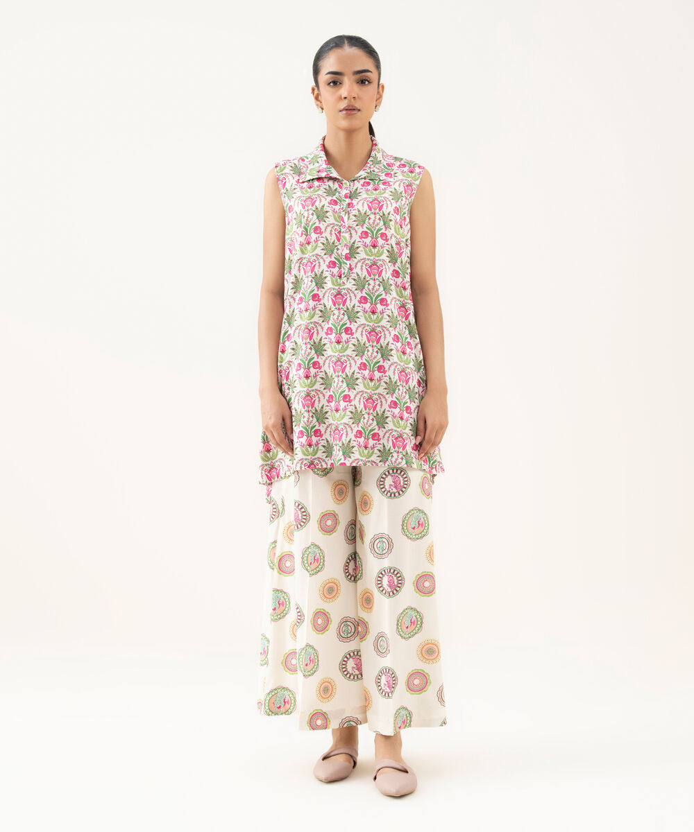 Women's RTW Linen Viscose Printed Off White Straight Shirt