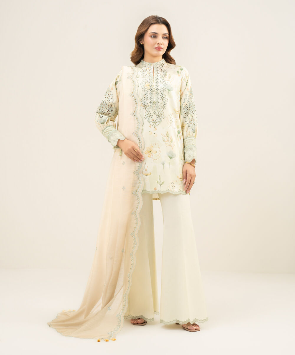 Women's Unstitched Cotton Jacquard Embroidered Off White 3 Piece Suit