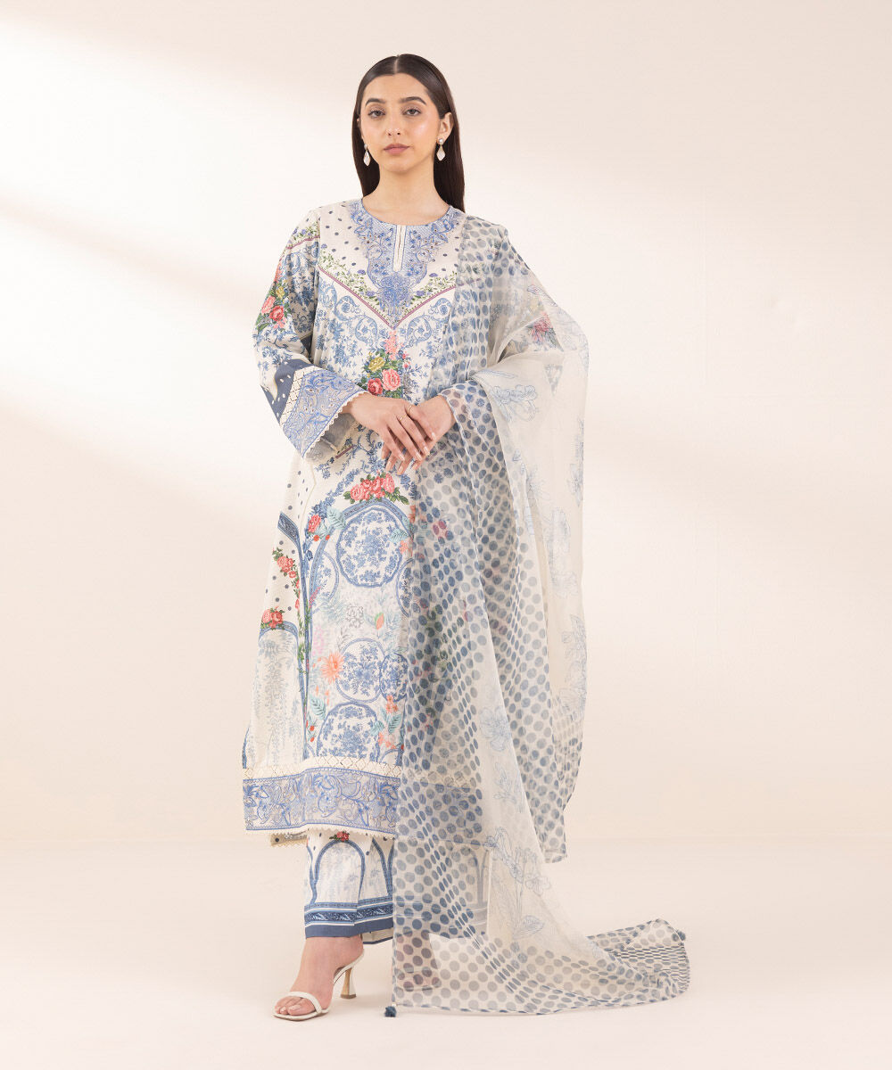 Woman - Blue Printed Organza Dupatta