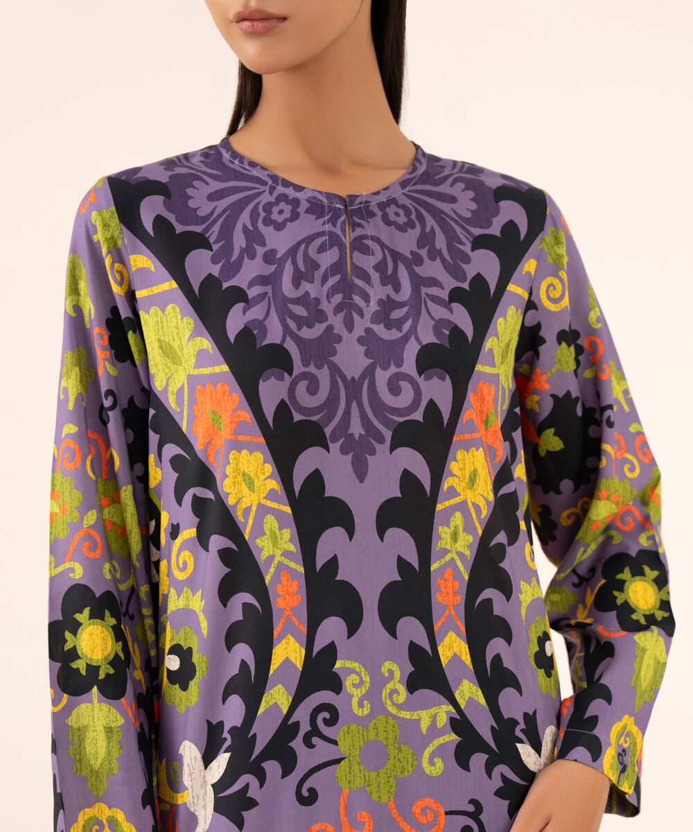 Women's RTW Arabic Lawn Lilac Printed Drop Shoulder Shirt