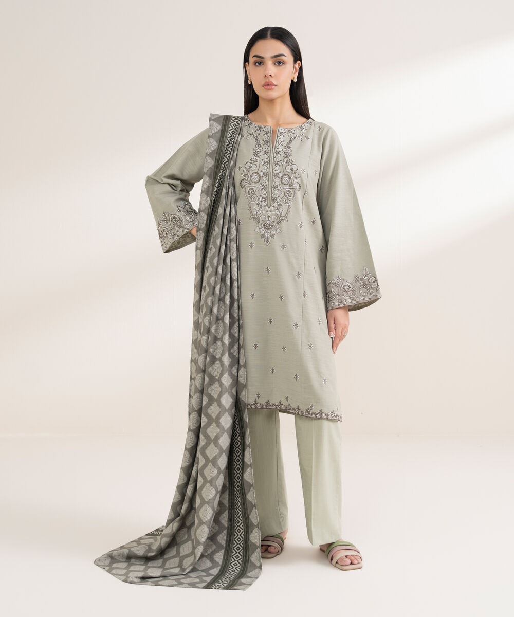 Women's RTW Khaddar Embroidered Grey 3 Piece Suit