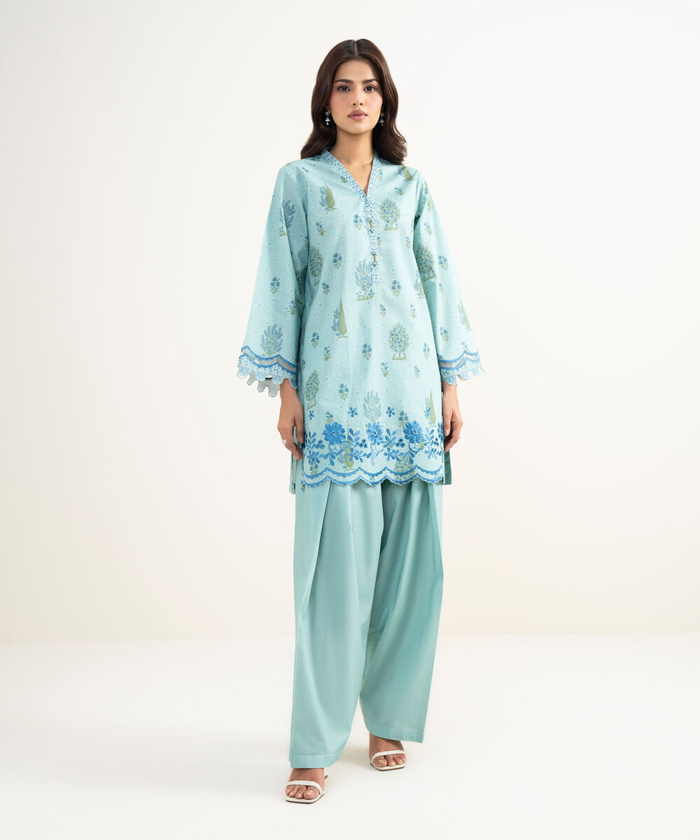 Women's Unstitched Lawn Embroidered Blue 2 Piece Suit