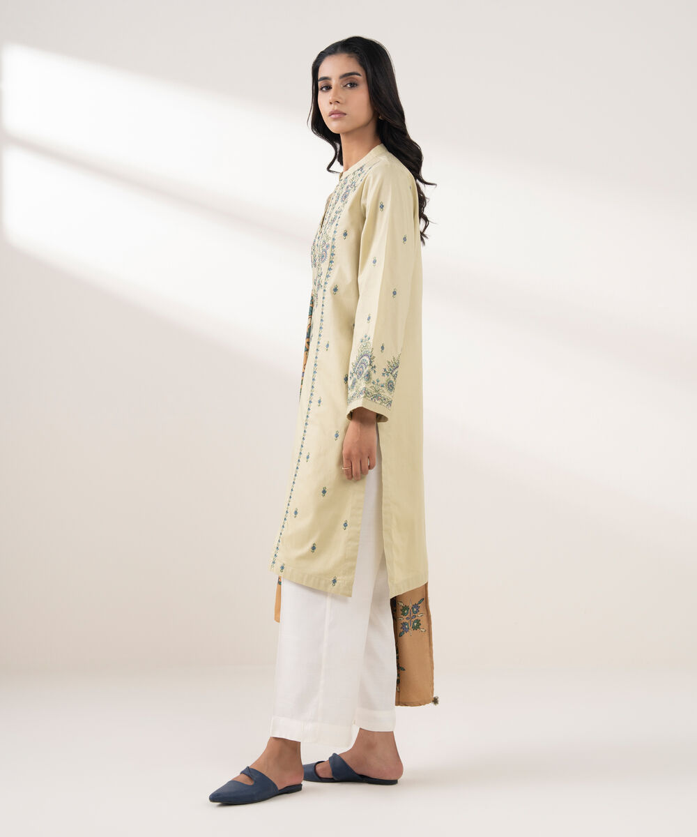 Women's RTW Cotton Embroidered Beige 2 Piece Suit