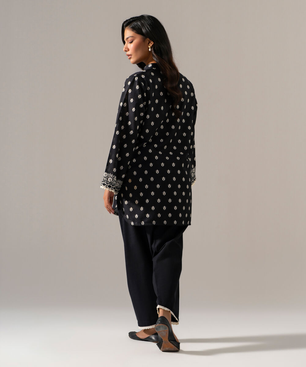 Women's RTW Khaddar Printed Black Straight Shirt