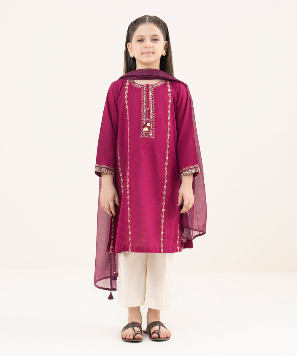 Girls Two Piece Embroidered Textured Lawn Shirt Dupatta