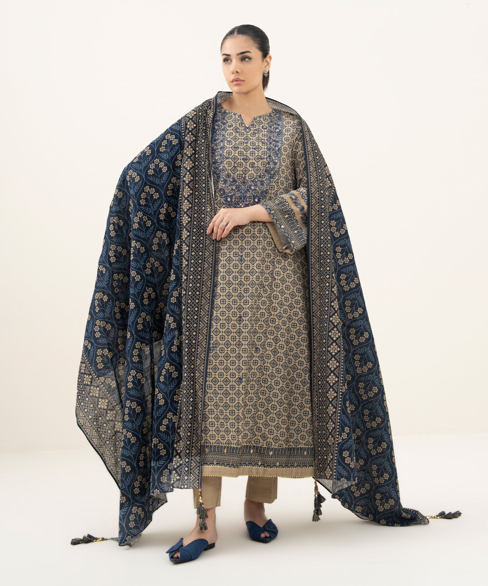Women's Unstitched Embroidered Khaddar Beige 3 Piece Suit