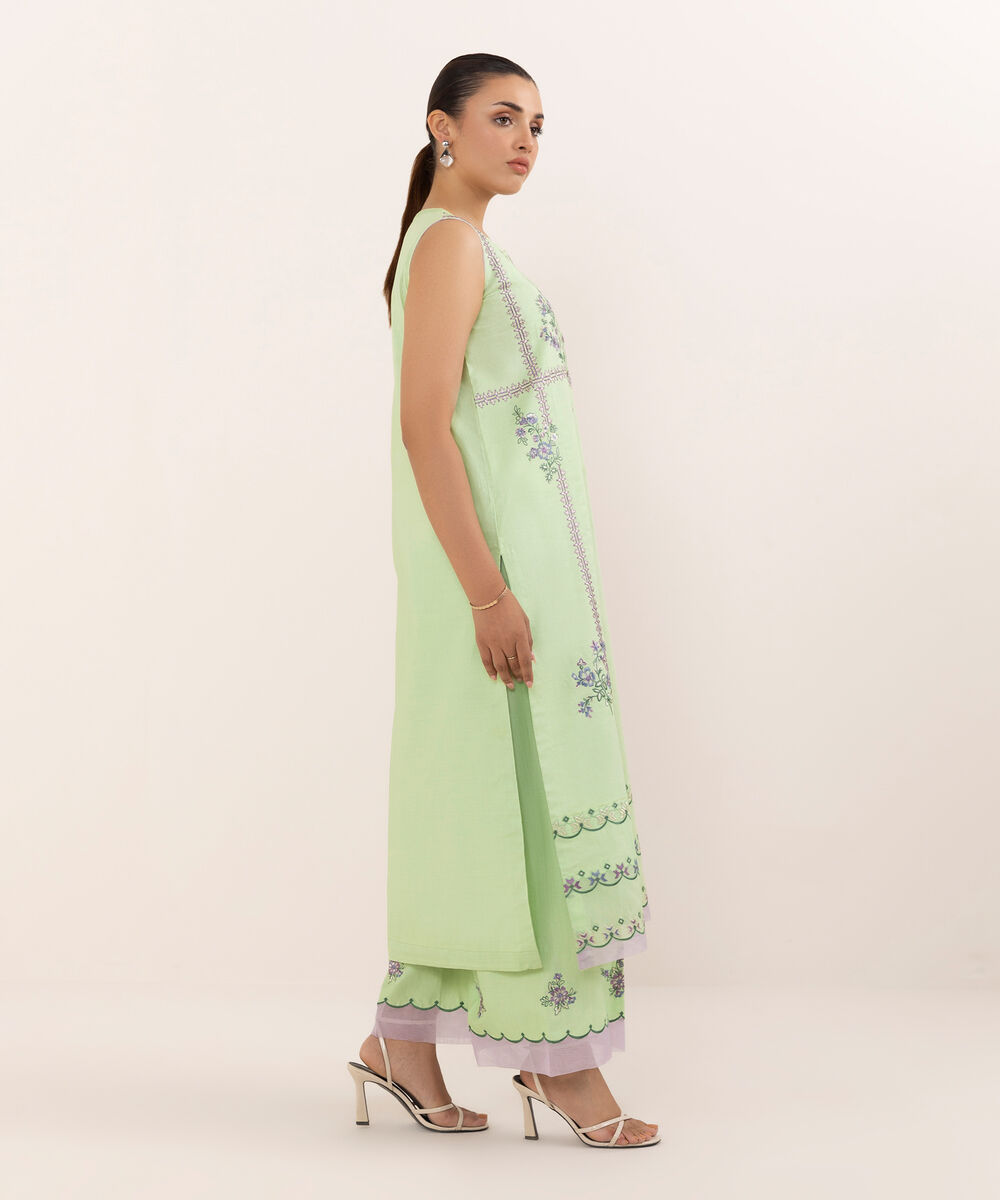 Women's Unstitched Cotton Embroidered Green Two Piece Suit