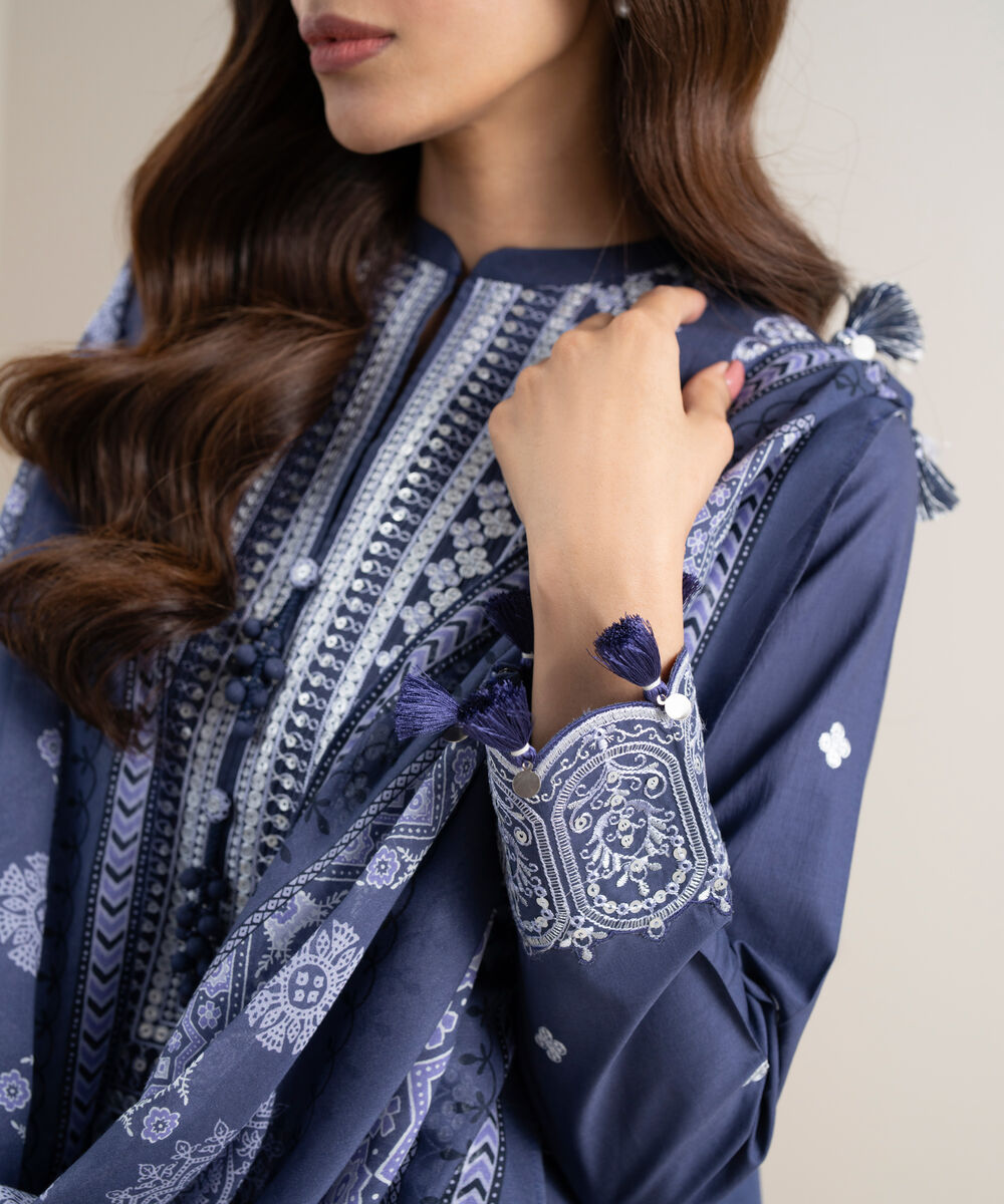 Women's Unstitched Lawn Embroidered Blue 3 Piece Suit