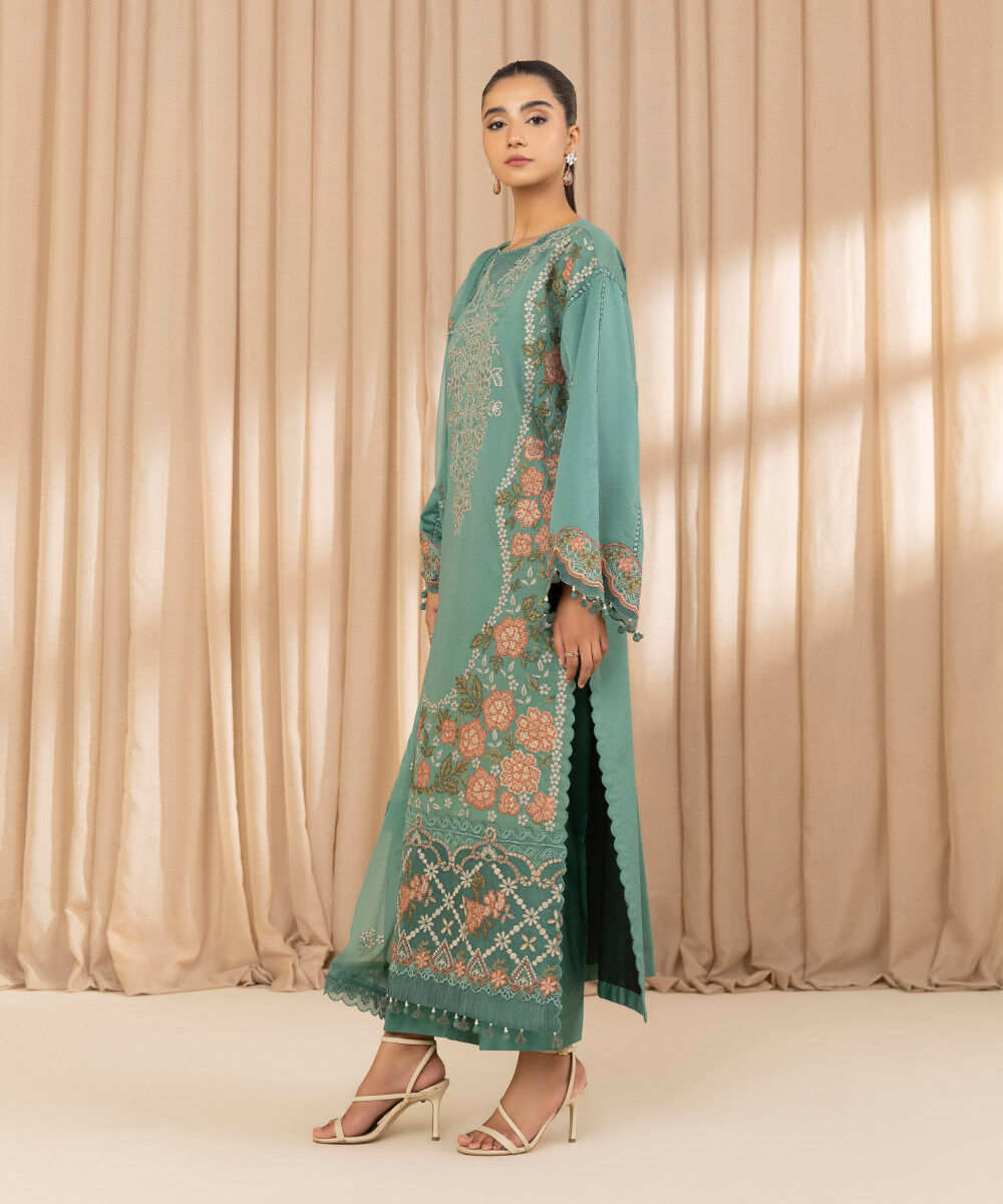 Unstitched Women's Embroidered Fine Cotton Satin Green Three Piece Suit